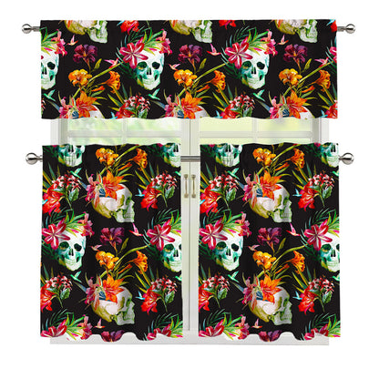 Blossom Flowers Skull Pattern Print 3 Piece Kitchen Curtains