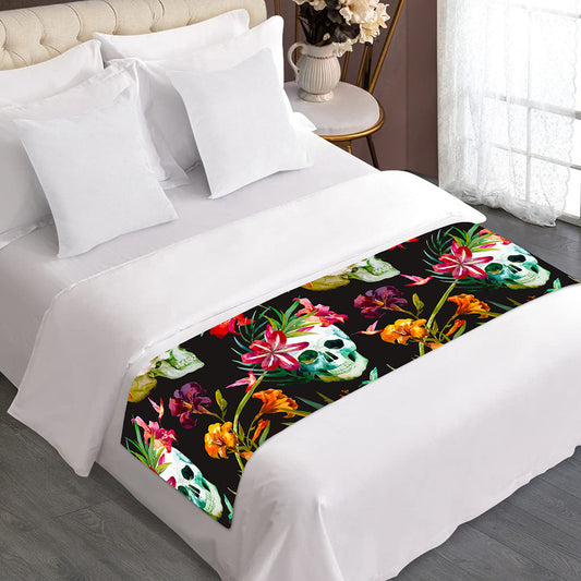Blossom Flowers Skull Pattern Print Bed Runner