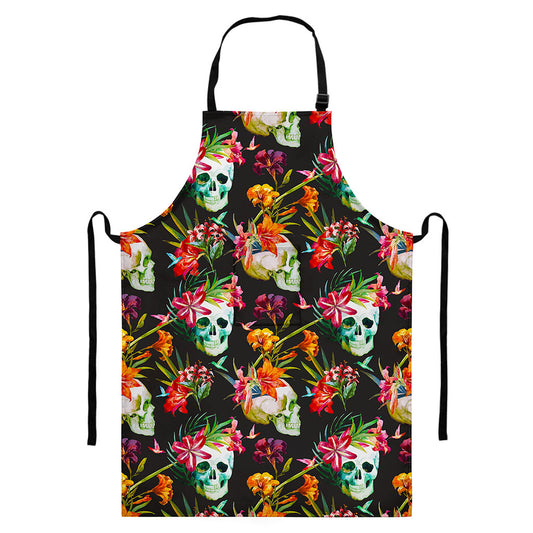 Blossom Flowers Skull Pattern Print Bib Apron With Pocket