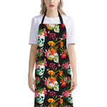 Blossom Flowers Skull Pattern Print Bib Apron With Pocket