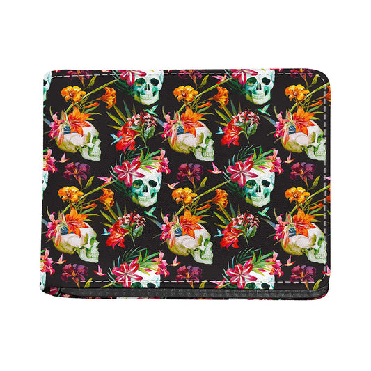 Blossom Flowers Skull Pattern Print Bifold Wallet