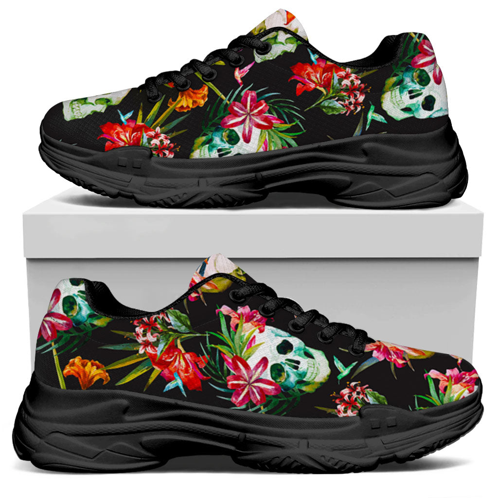 Blossom Flowers Skull Pattern Print Black Chunky Shoes