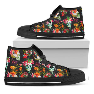 Blossom Flowers Skull Pattern Print Black High Top Sneakers