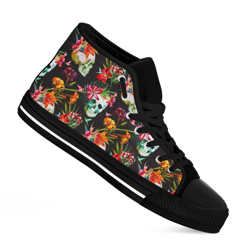 Blossom Flowers Skull Pattern Print Black High Top Sneakers