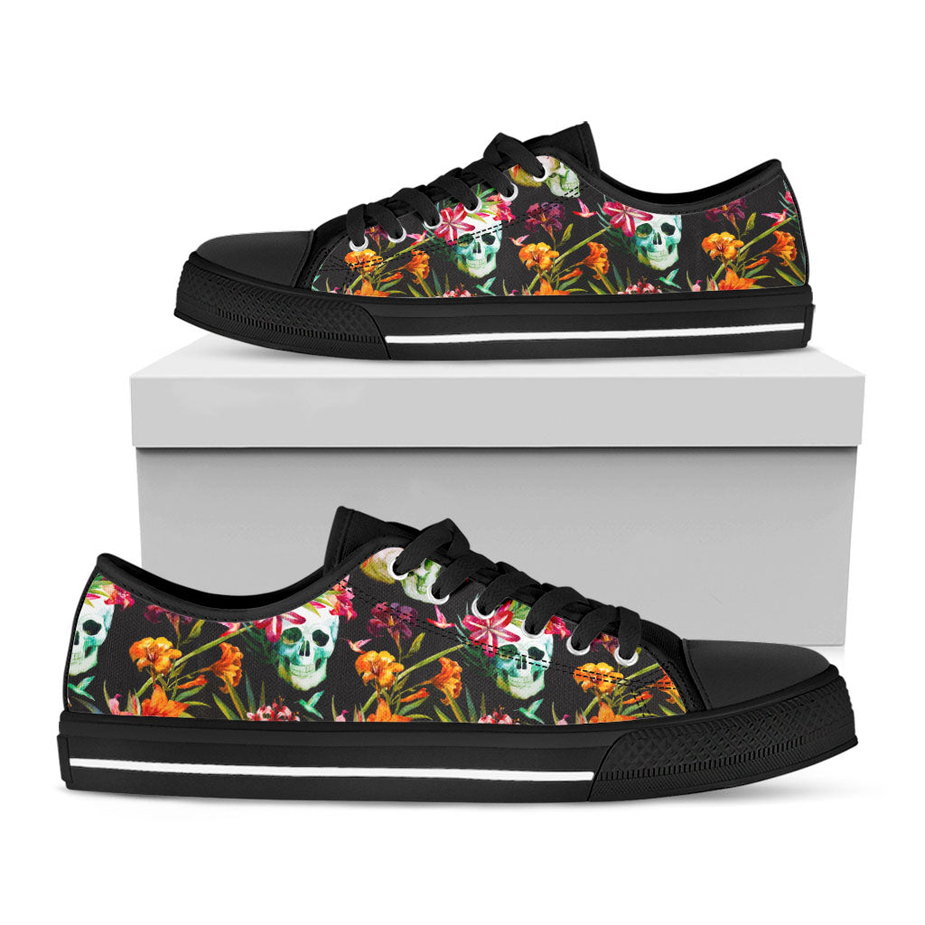 Blossom Flowers Skull Pattern Print Black Low Top Sneakers