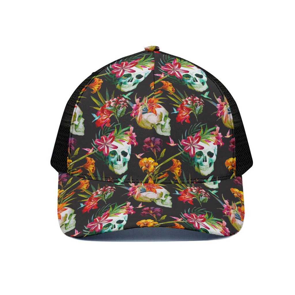 Blossom Flowers Skull Pattern Print Black Mesh Trucker Cap