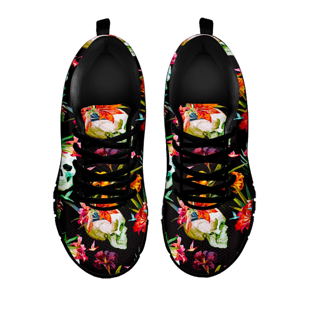 Blossom Flowers Skull Pattern Print Black Running Shoes