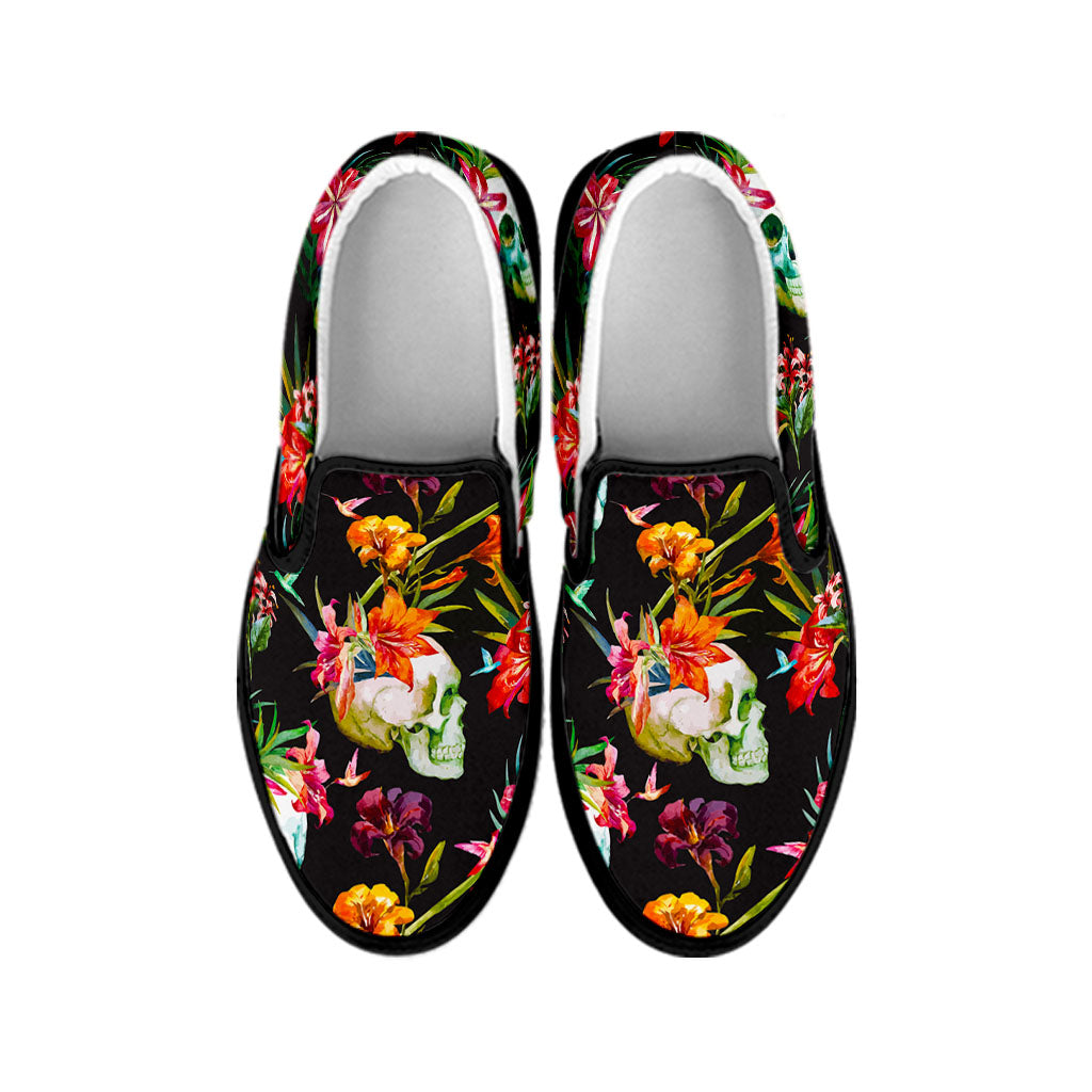 Blossom Flowers Skull Pattern Print Black Slip On Sneakers