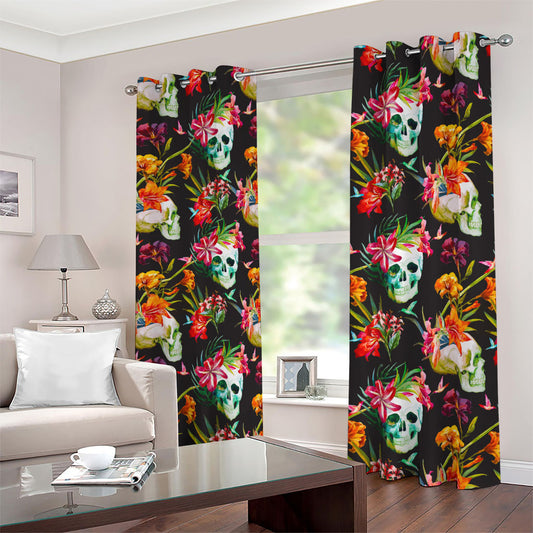 Blossom Flowers Skull Pattern Print Blackout Grommet Curtains