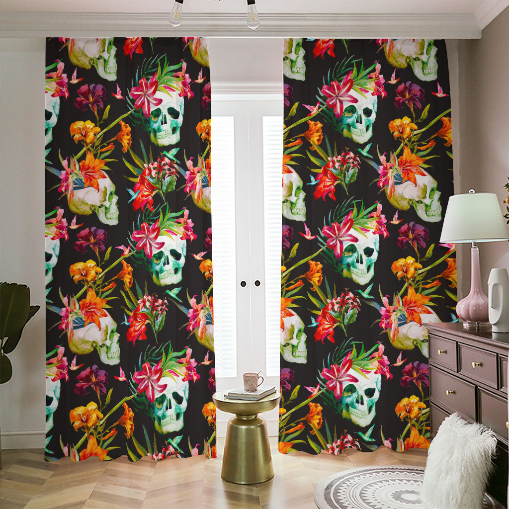 Blossom Flowers Skull Pattern Print Blackout Pencil Pleat Curtains