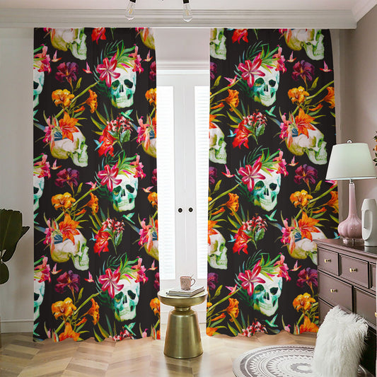 Blossom Flowers Skull Pattern Print Blackout Pencil Pleat Curtains
