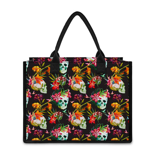 Blossom Flowers Skull Pattern Print Canvas Tote Bag