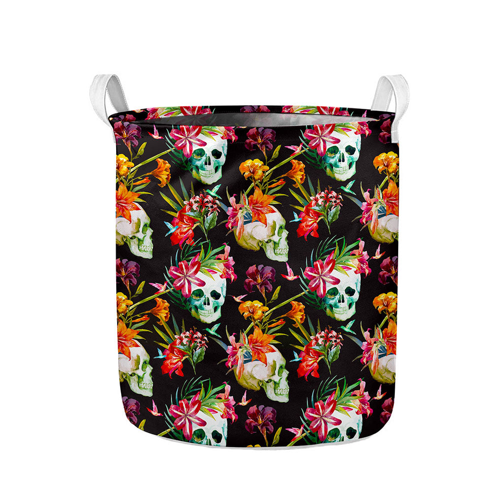Blossom Flowers Skull Pattern Print Collapsible Laundry Basket