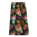 Blossom Flowers Skull Pattern Print Cotton Front Slit Maxi Skirt