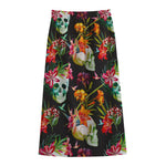 Blossom Flowers Skull Pattern Print Cotton Front Slit Maxi Skirt