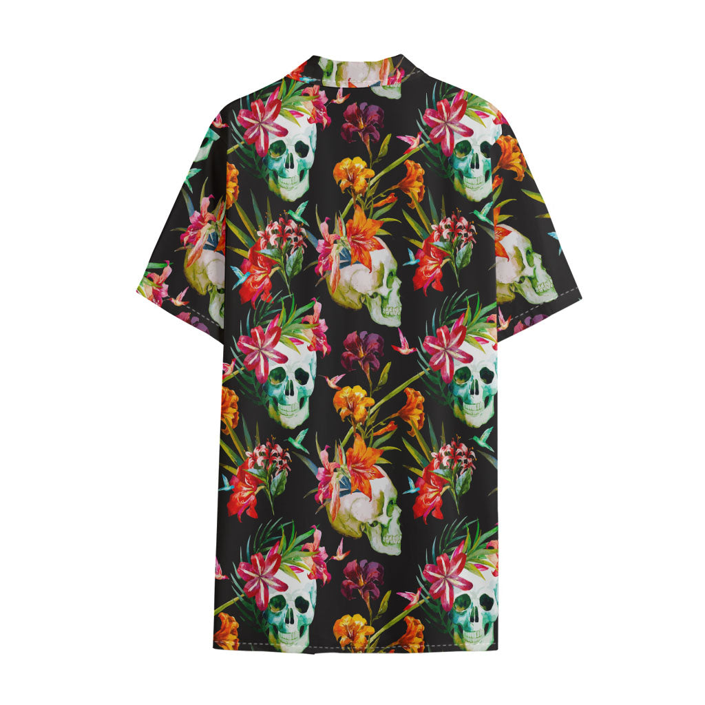 Blossom Flowers Skull Pattern Print Cotton Hawaiian Shirt