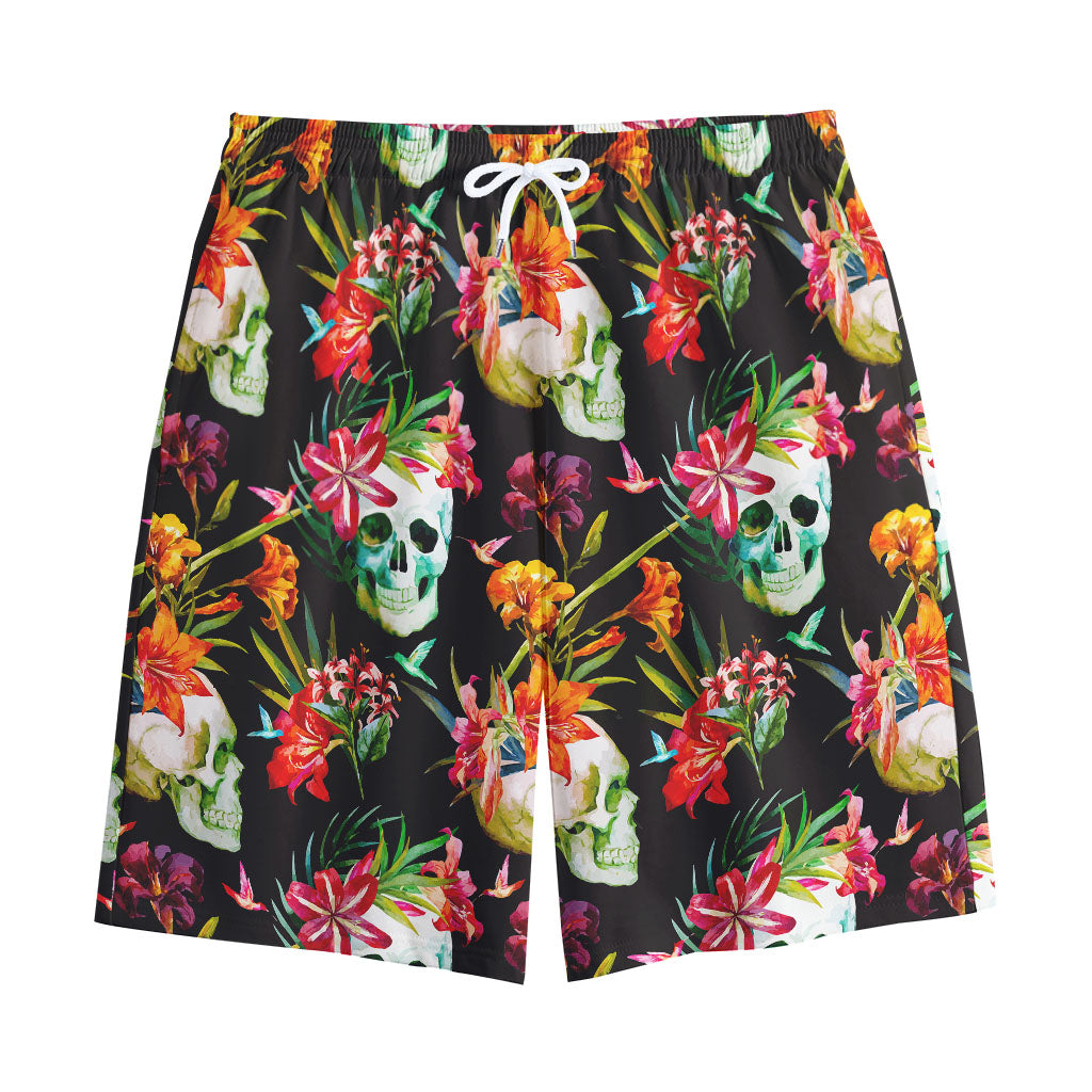 Blossom Flowers Skull Pattern Print Cotton Shorts