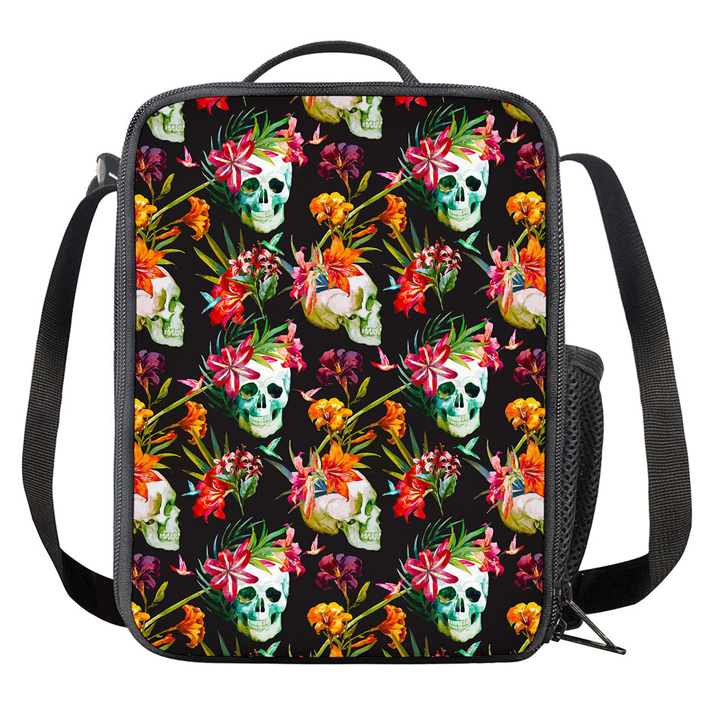 Blossom Flowers Skull Pattern Print Crossbody Lunch Bag