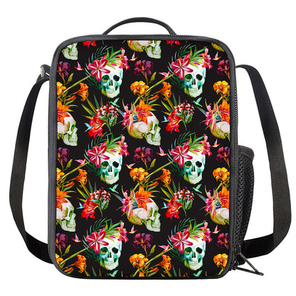 Blossom Flowers Skull Pattern Print Crossbody Lunch Bag