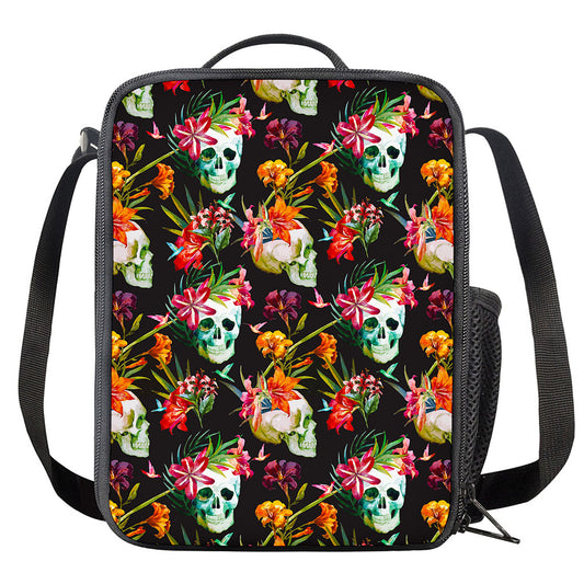 Blossom Flowers Skull Pattern Print Crossbody Lunch Bag