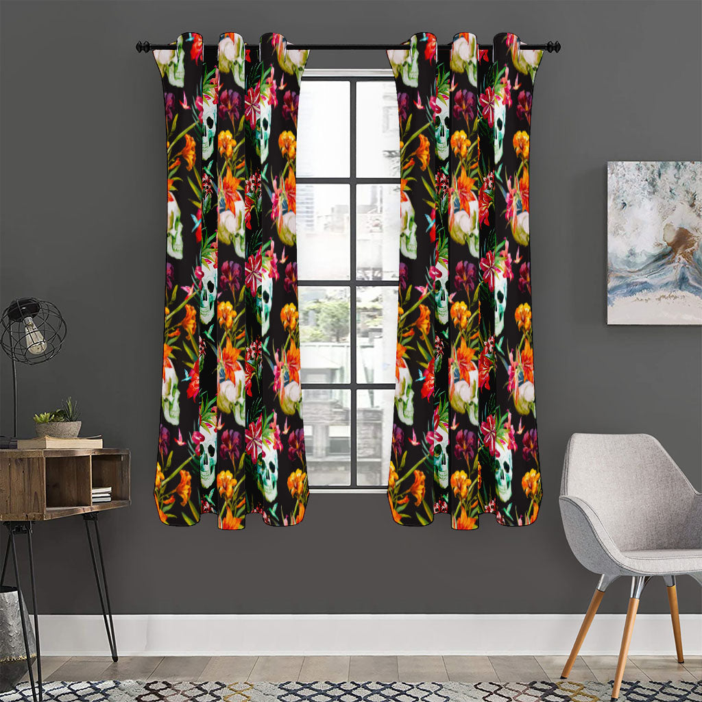 Blossom Flowers Skull Pattern Print Curtain