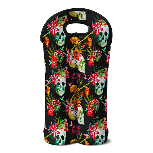 Blossom Flowers Skull Pattern Print Double Neoprene Wine Tote
