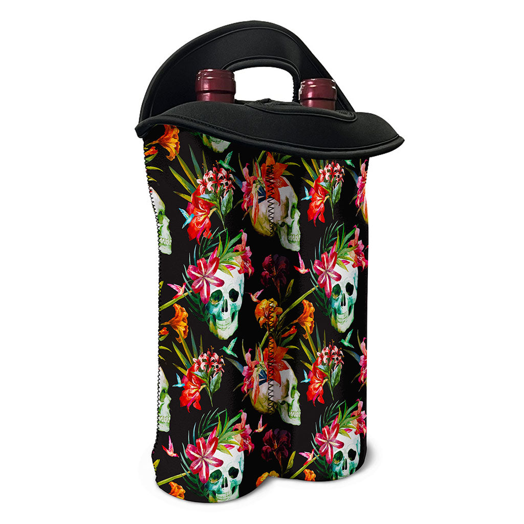 Blossom Flowers Skull Pattern Print Double Neoprene Wine Tote