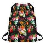 Blossom Flowers Skull Pattern Print Drawstring Backpack