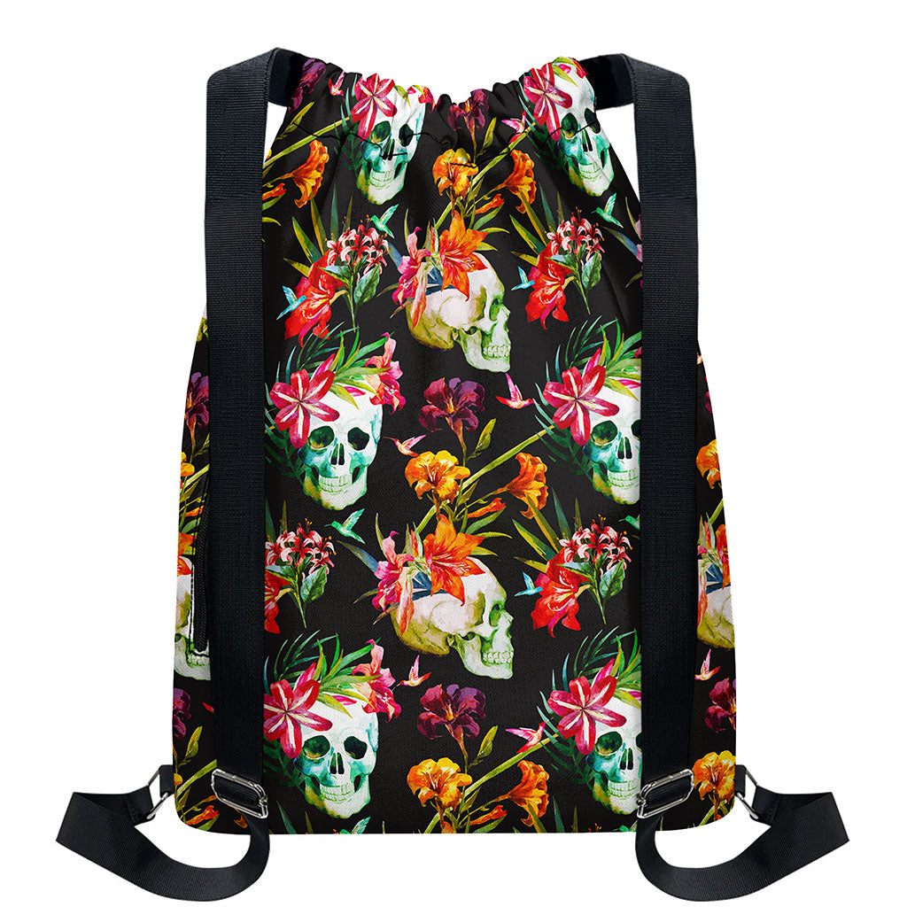 Blossom Flowers Skull Pattern Print Drawstring Backpack