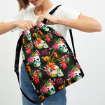 Blossom Flowers Skull Pattern Print Drawstring Backpack