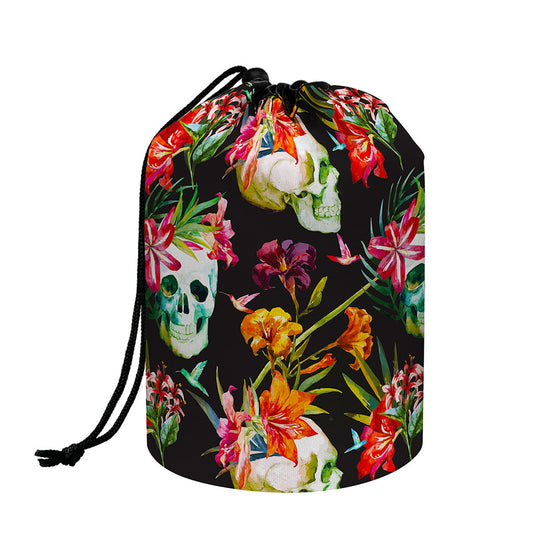 Blossom Flowers Skull Pattern Print Drawstring Makeup Bag