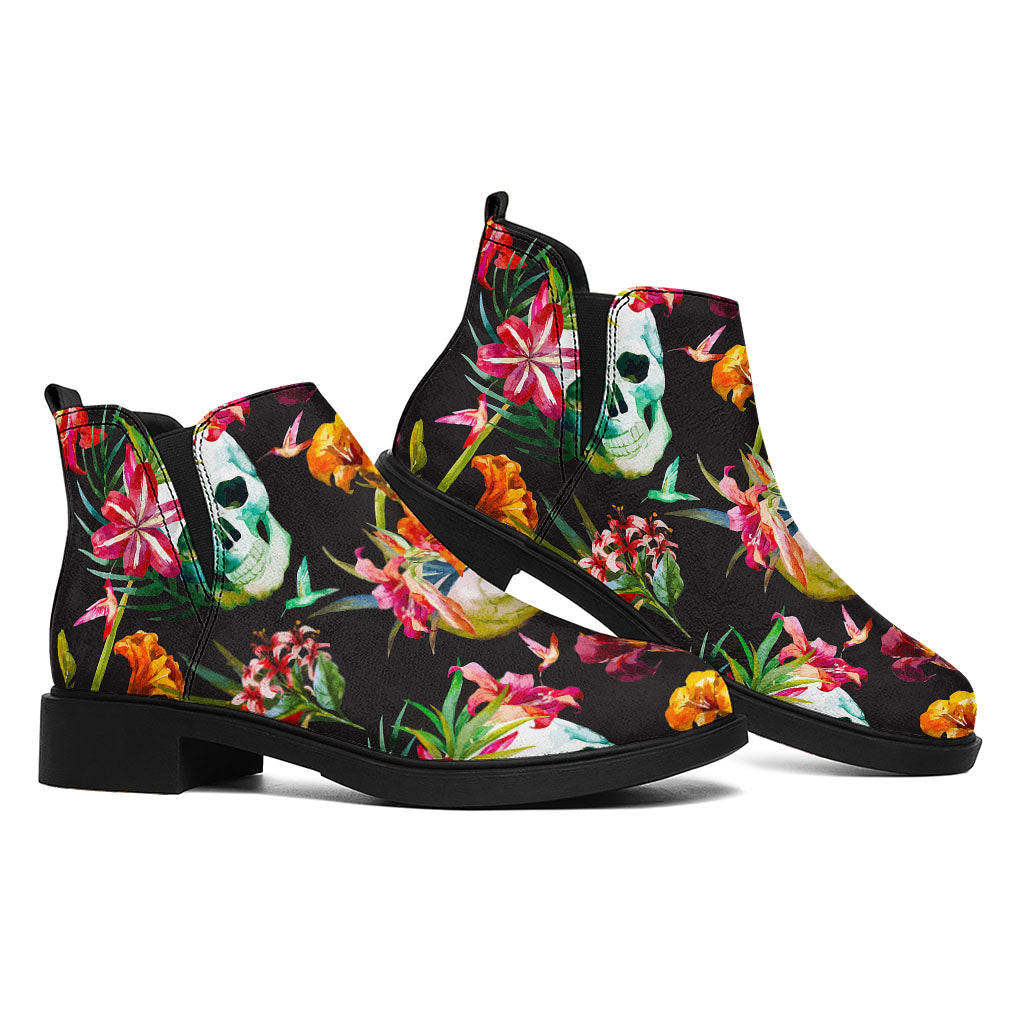 Blossom Flowers Skull Pattern Print Flat Ankle Boots