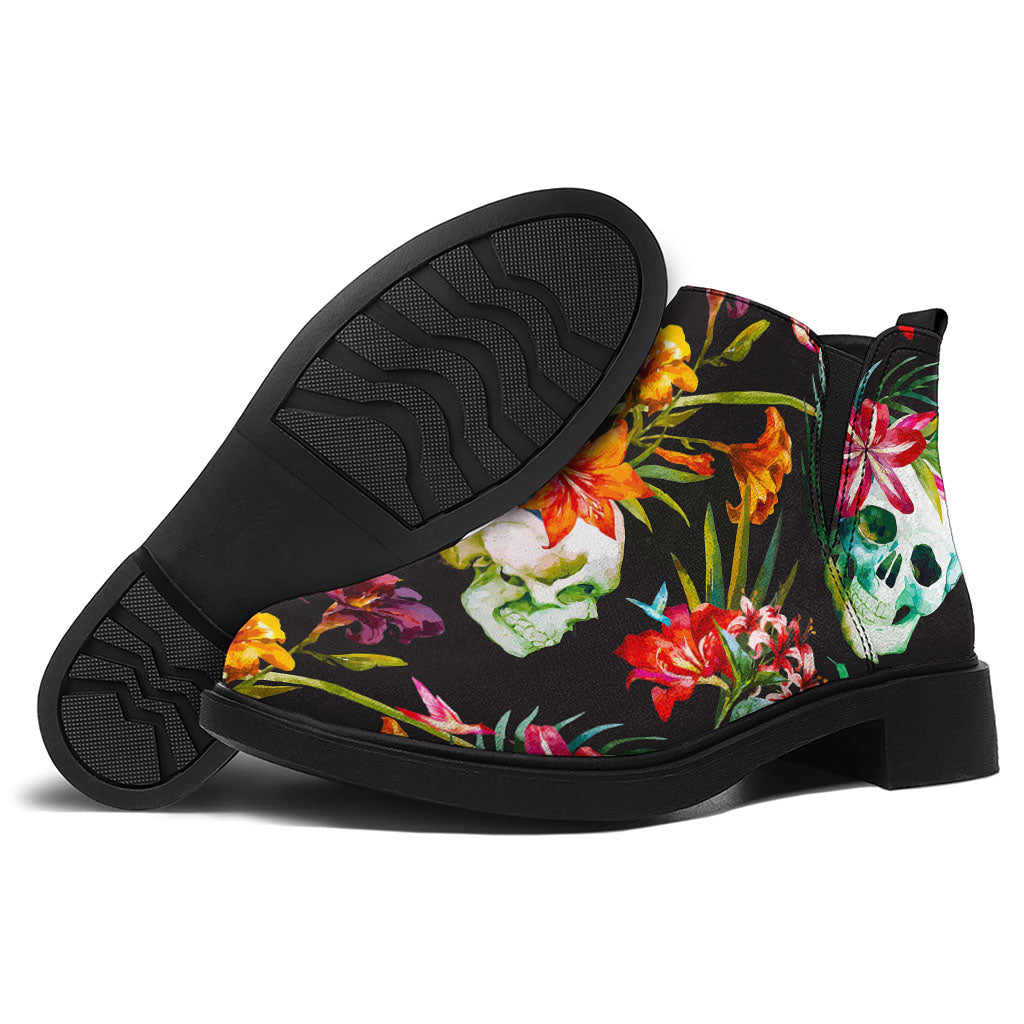 Blossom Flowers Skull Pattern Print Flat Ankle Boots