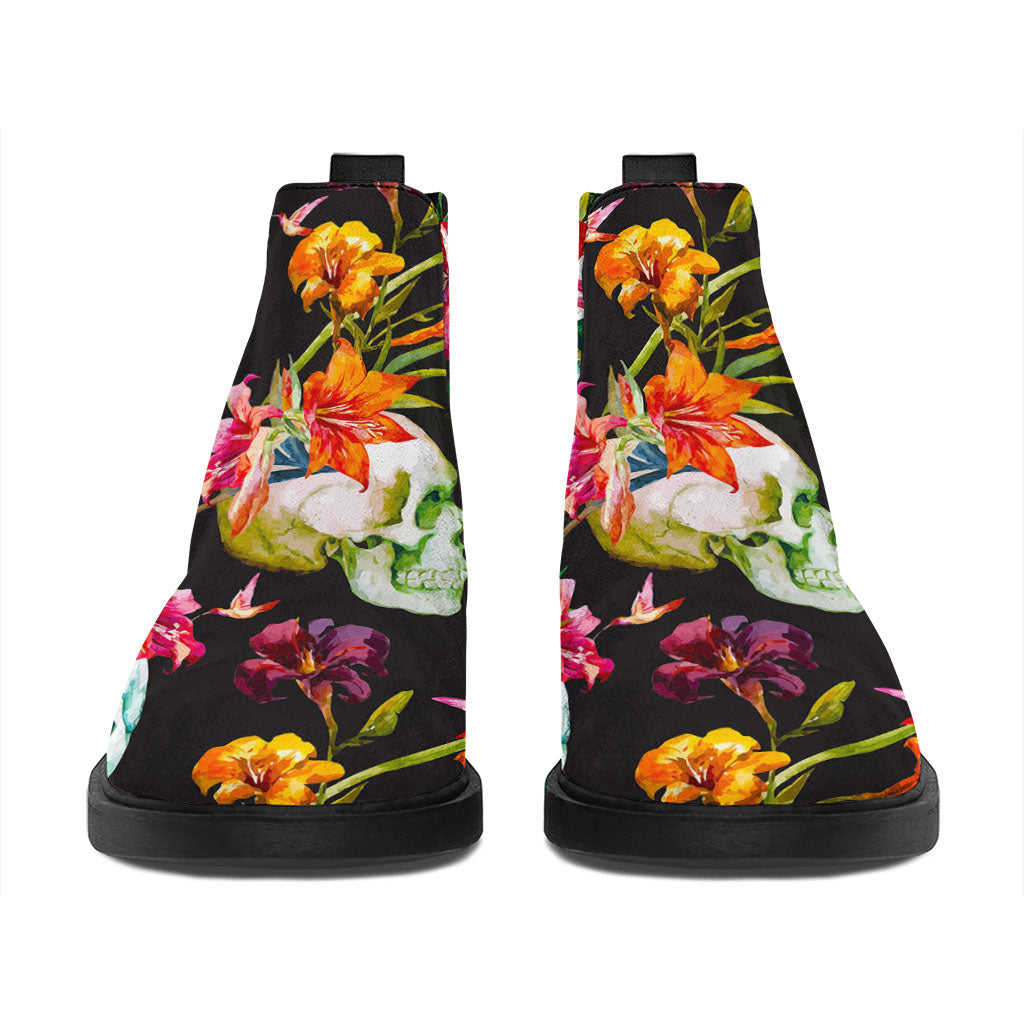 Blossom Flowers Skull Pattern Print Flat Ankle Boots