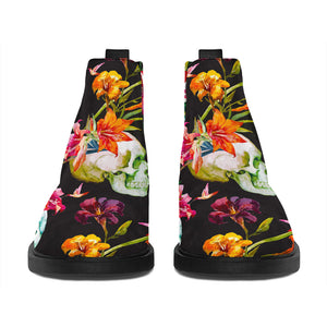 Blossom Flowers Skull Pattern Print Flat Ankle Boots