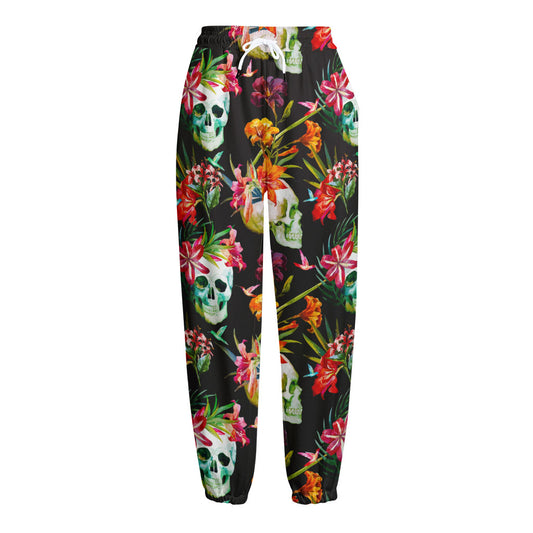 Blossom Flowers Skull Pattern Print Fleece Lined Knit Pants
