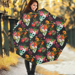 Blossom Flowers Skull Pattern Print Foldable Umbrella