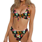 Blossom Flowers Skull Pattern Print Front Bow Tie Bikini