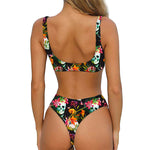 Blossom Flowers Skull Pattern Print Front Bow Tie Bikini