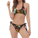 Blossom Flowers Skull Pattern Print Halter Scoop Tie Side Bikini