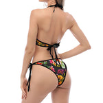 Blossom Flowers Skull Pattern Print Halter Scoop Tie Side Bikini