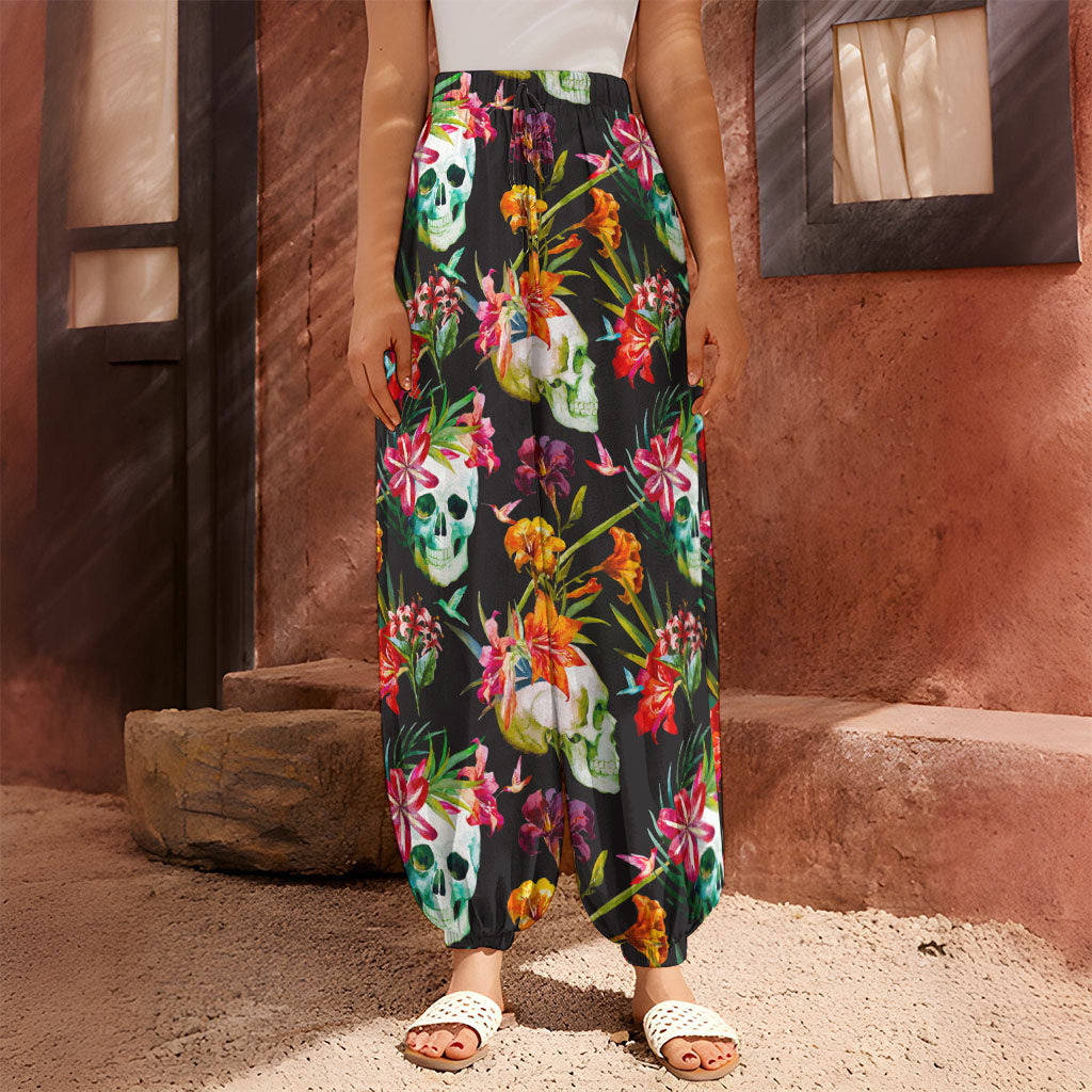 Blossom Flowers Skull Pattern Print Harem Pants