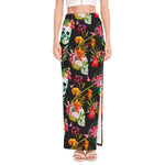 Blossom Flowers Skull Pattern Print High Slit Maxi Skirt
