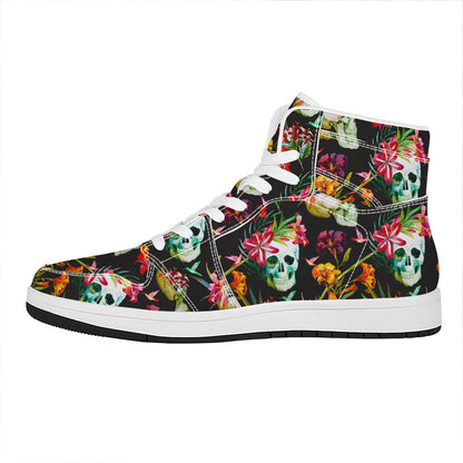 Blossom Flowers Skull Pattern Print High Top Leather Sneakers