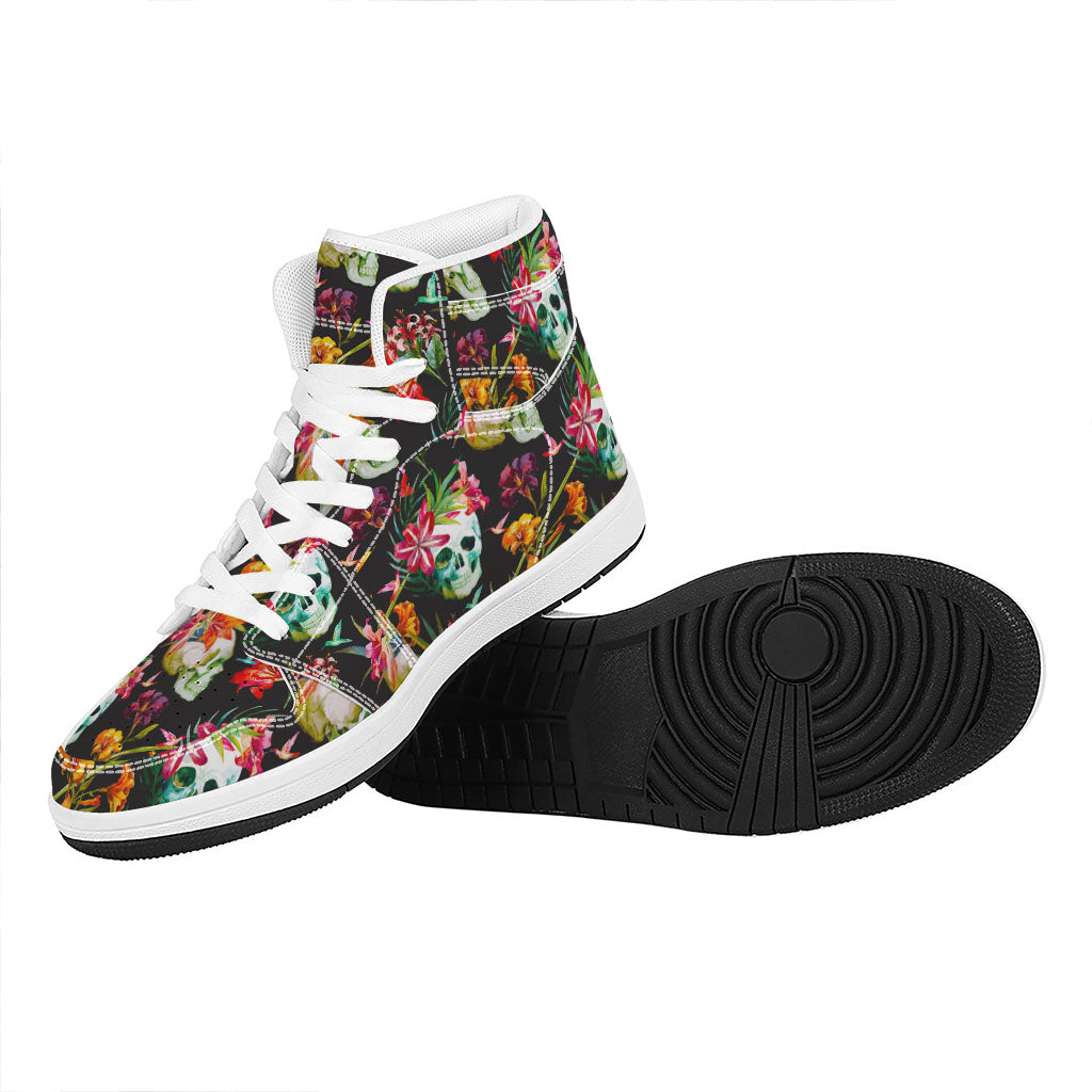 Blossom Flowers Skull Pattern Print High Top Leather Sneakers
