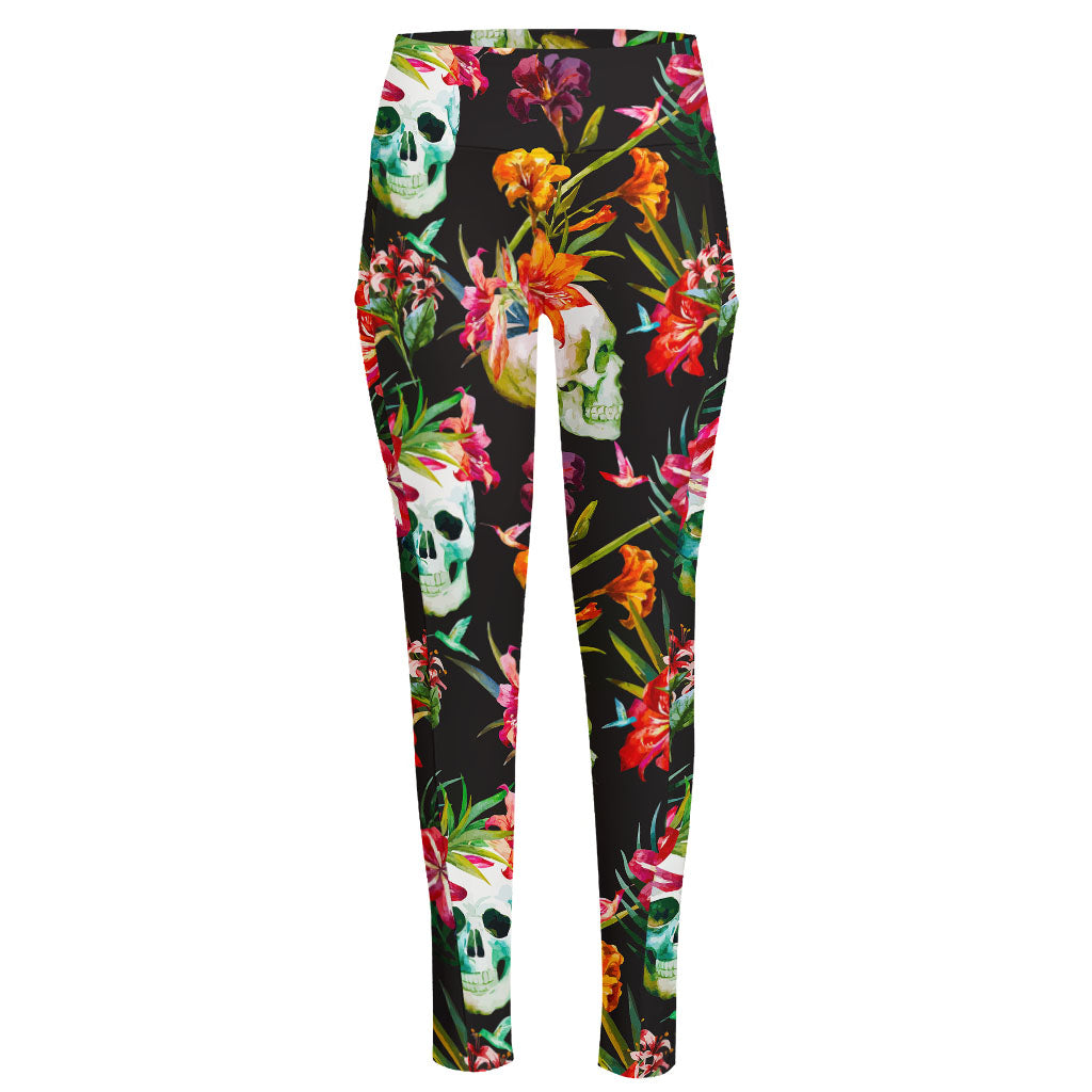 Blossom Flowers Skull Pattern Print High-Waisted Pocket Leggings