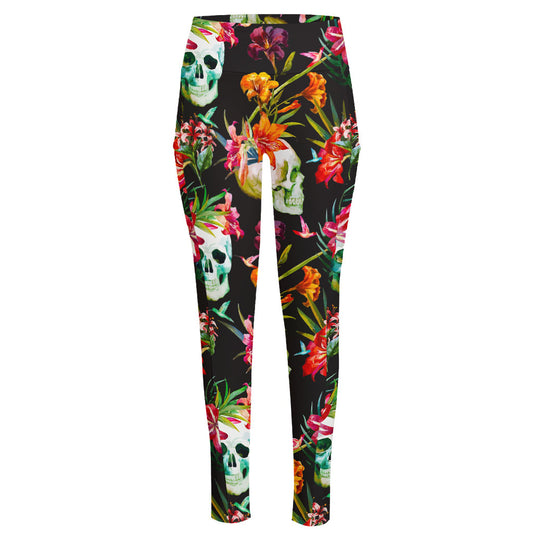 Blossom Flowers Skull Pattern Print High-Waisted Pocket Leggings