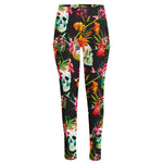 Blossom Flowers Skull Pattern Print High-Waisted Pocket Leggings