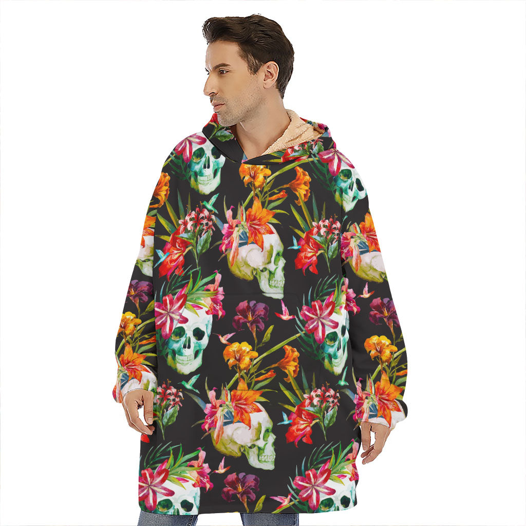 Blossom Flowers Skull Pattern Print Hoodie Blanket