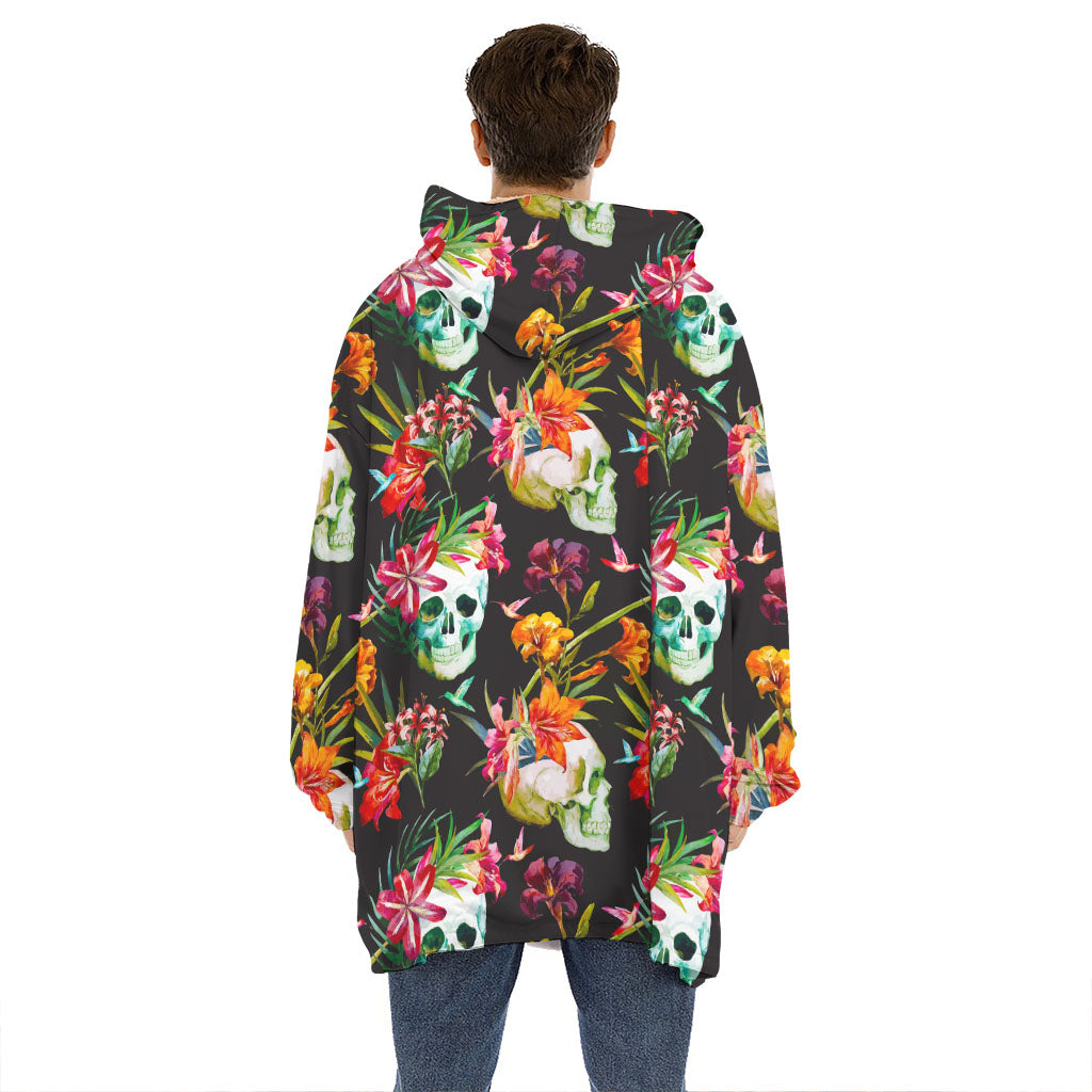 Blossom Flowers Skull Pattern Print Hoodie Blanket